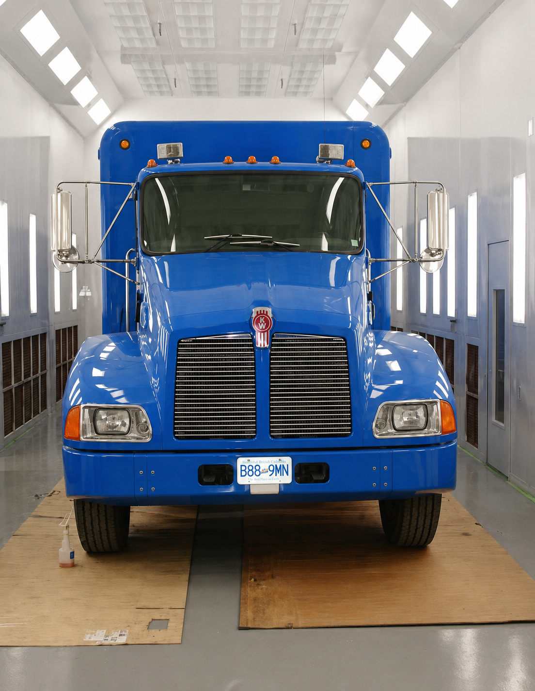 Blue semi-truck inside an industrial paint booth.