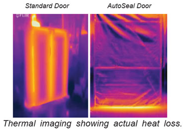 Thermal imaging comparison showing heat loss differences between a standard oven door and an AutoSeal door, with the AutoSeal door displaying significantly reduced heat transfer.