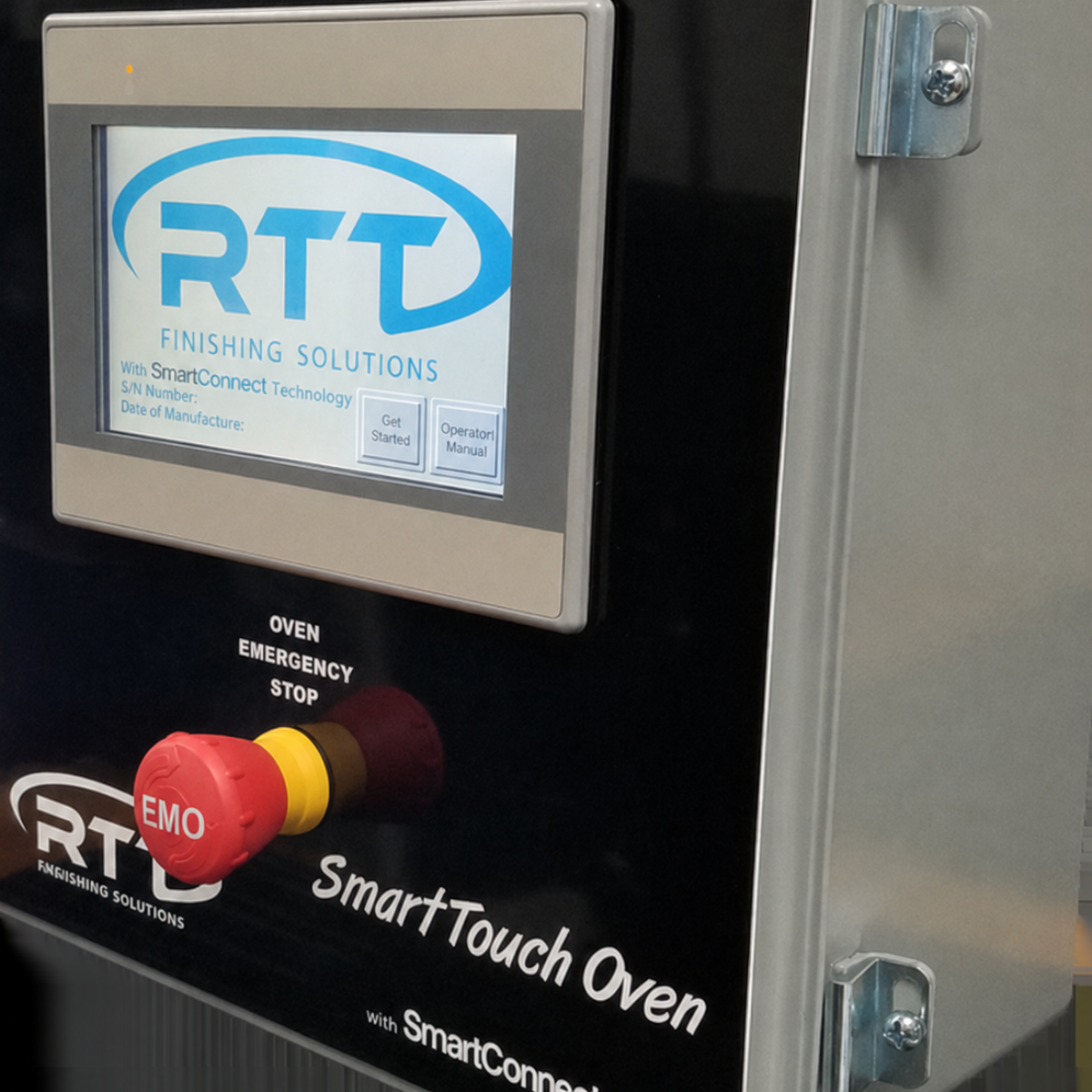 RTT Finishing Solutions SmartTouch Oven control panel mounted in an industrial facility, featuring a touchscreen interface with SmartConnect Technology and an emergency stop button.