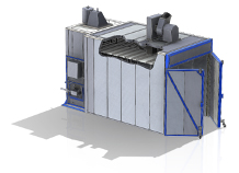 3D rendering of an RTT industrial batch oven featuring a ceiling-mounted air distribution plenum, insulated wall panels, and hinged access doors.