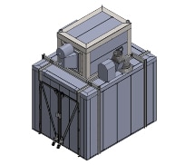 3D rendering of an RTT industrial batch oven with wall-mounted plenums and integrated ventilation system.