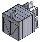 3D CAD model of an RTT industrial batch oven with wall-mounted plenums, circulation fans, and insulated panel construction.